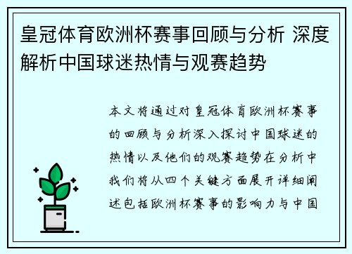 皇冠体育欧洲杯赛事回顾与分析 深度解析中国球迷热情与观赛趋势